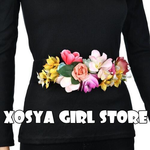 Sweet Elegant Women Pink Flower Belt Elastic Waist Chain Wedding Buckle Waistband Boho Floral Belt Accessories BW11