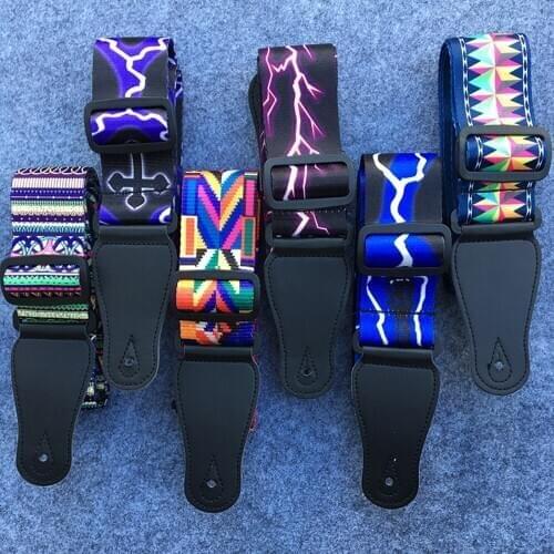 Polyester Folk Guitar Strap Width 5cm Adjustable 100-162cm Wear resistant Comfortable Guitar Belt with Leather End