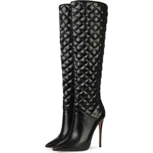 Winter Autumn Fashion Woman Leather Knee High Boots Pointy Toe Thin High Heel Slip On Female Long Boot