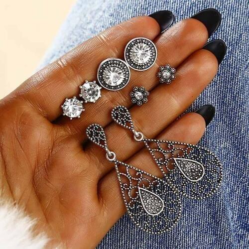 4 Pairs/Set Antique Silver Color Stud Earrings Set Bohemian Vintage Moon Sun Earrings For Women Birthday Gift Ear Jewelry EZ5