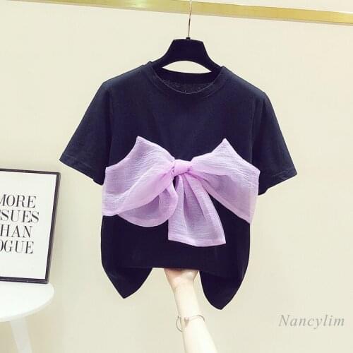 Purplr Mesh Bow T Shirt Womens Loose Short Sleeve T-shirts 2021 Summer New Design Pullover Tops White Black Nancylim
