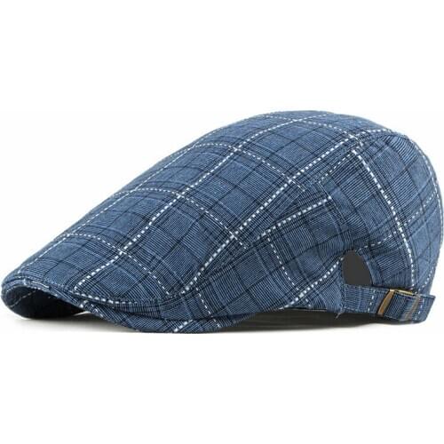 Spring Summer Newsboy Caps Men Plaid Cotton Flat Peaked Cap Women Painter Beret Hats 19
