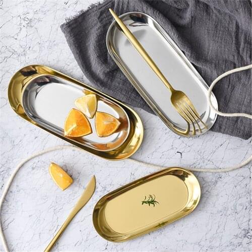 Nordic Oval Metal Storage Tray Rose Gold Table Dessert Plate Silver Cosmetic Organizer Tray Scandinavian Jewelry Display Plate