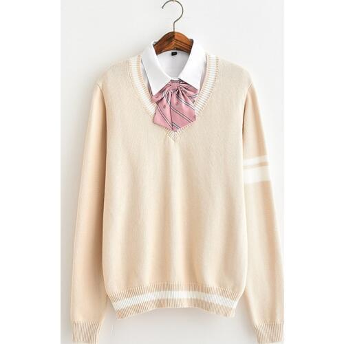 JK Loose size sweater Cute soft sweet Almond color Single sleeves two bars stripe sweater