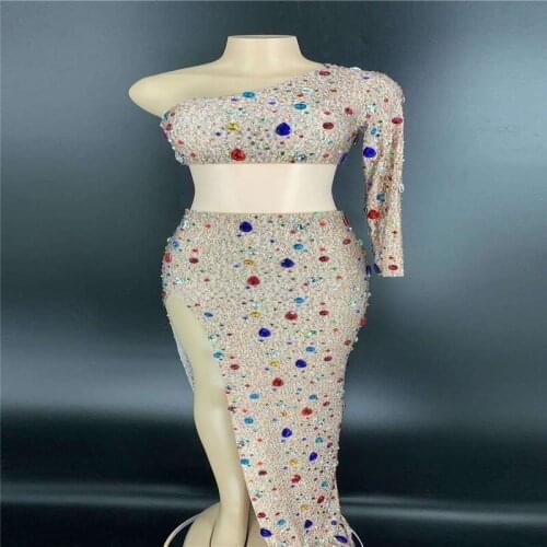 V62 Catwalk stage dance costumes rhinestones split evening dress birthday celebrate crystal outfits diamonds skirt model wears