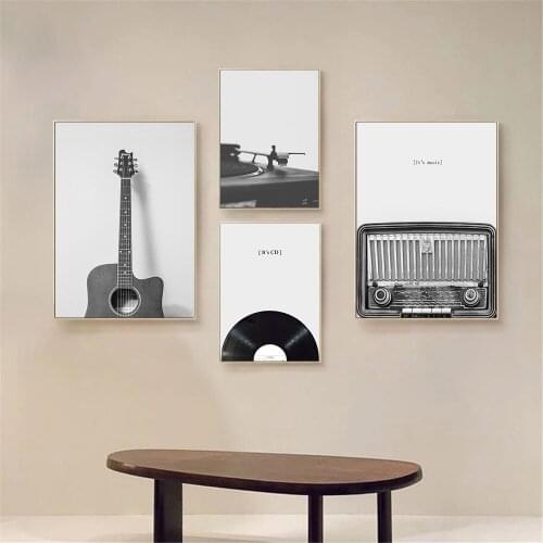 Vinyl Record Guitar Canvas Poster Painting Black And White Wall Art Print CD Music Nordic Wall Pictures Living Room Home Decor