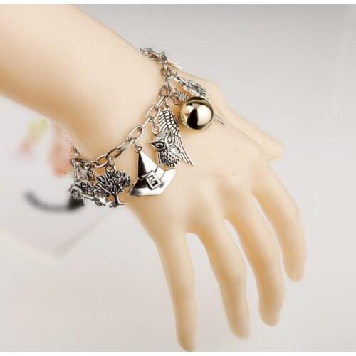 Golden Color Movie Magic School Bracelet Women Snitches Owl-Hat Car Broom Jewelry Alloy Bracelets For Girls Gift
