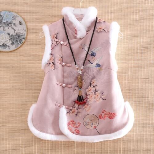 High-end Winter Women Floral Vest Top Crane Print Suede Chinese Style Retro Print Elegant Lady Vest Warm Female S-XXL