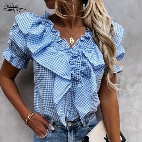 Summer 2021 Fashion New Elegant Ruffle Plaid Slim Shirt Sexy Deep V-neck Puff Sleeve Women Blouse and Tops Blusas Femme 16583