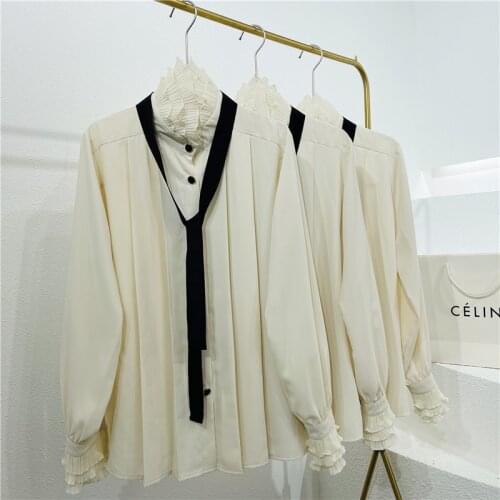 Palace Xia Shiwen wind petal Collar Chiffon shirt womens 2021 spring new design Ribbon Shirt