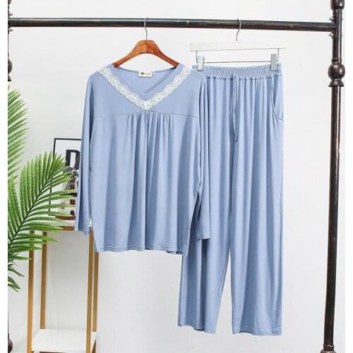 Large Size Women Lace Floral Trim Pajamas Sets 2PCS Modal Loungewear Home Wear Sleepwear Nightwear Sexy V-Neck Home Clothes