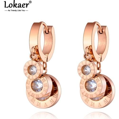 Lokaer Original Design Stainless Steel Bohemia CZ Crystal Roman Numeral Earrings For Women Trendy Rose Gold Hoop Earrings E20245