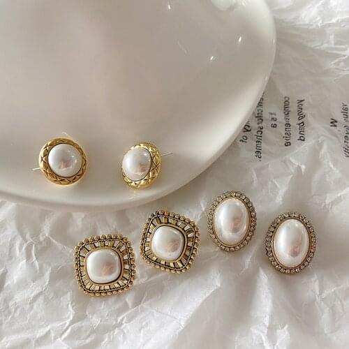 3 Designs Round Oval Square Geometrical Pearl Earrings for Women Lady Gold Color Alloy Big Drop Dangle Earrings Bridal Jewelry