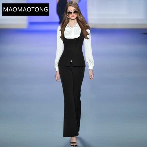 Fashion Designer Autumn Pants Set Women Casual Long Sleeve Shirts+Black Vest+Flare Pants Three Piece Suit