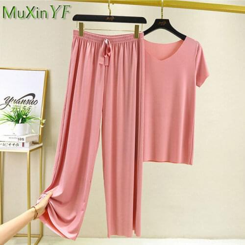 Womens Summer Cool Clothing Set 2021 Lady Simple Leisure Solid Seamless Ice Silk Tops Pants Sets Cozy T-Shirt Home Wear Female