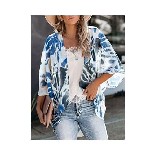 Female Summer Light Blue Corrugated Shirt Girl Tie-Dye Printed Elbow Sleeve Blouse Overalls Blue and White S / M / L / XL / XXL
