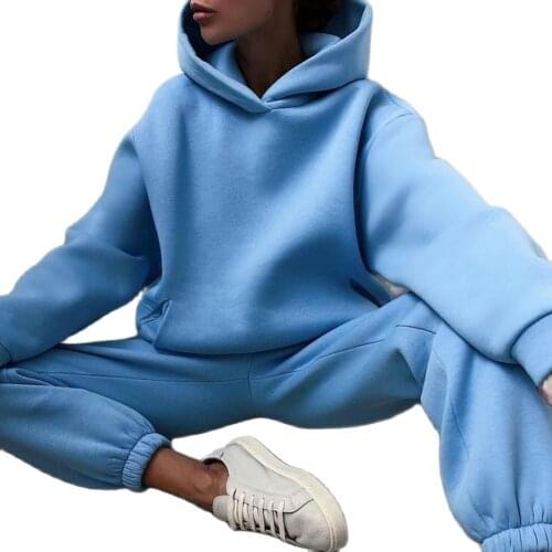 Tracksuit Long Sleeve Sweatshirt Warm Women Solid Color Hoodie Pants Two-piece Outfit for Autumn Winter Sport Womens Set