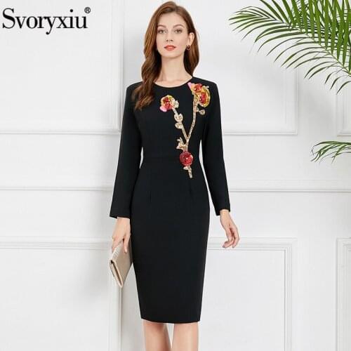 Svoryxiu Fashion Woman Autumn Black Sky Blue Knee-Length Elegant Pencil Dress O-Neck Sequins Floral Appliques Slim Solid Dresses