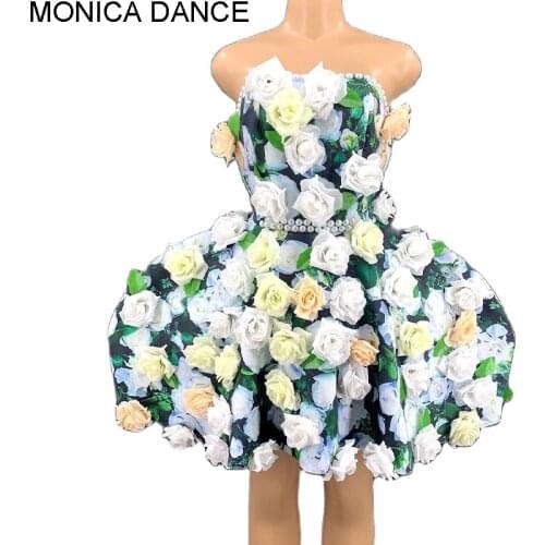 Women Sexy Stage Nightclub Singer Flower Dress Strepless Birthday Party Outifts Women Dance Dress Gogo Dancer Stage Wear