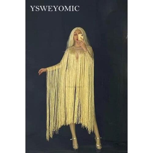 2019 Sexy Gold Long Fringes Bodysuit Costume Evening Party Long Sleeve Tassels Leotard Birthday Celebrate Stretch Dance Dress