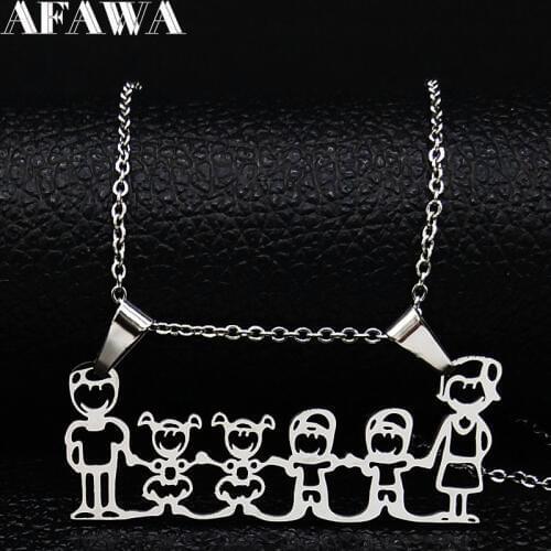 2021 Family Mum Dad and Two Boys Two Girl Stainless Steel Statement Necklace Women Silver Color Necklaces Jewerly joyas N19516