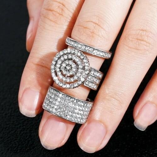 3 Pcs/ Set 2021 White Round Zirconia Crystal Ring Set for Women Party Engagement Wedding Jewelry Accessories