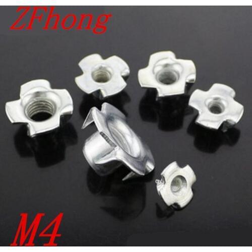 100Pcs M4 steel with zinc four Pronged Tee Nuts Captive Blind Inserts For Wood Furniture