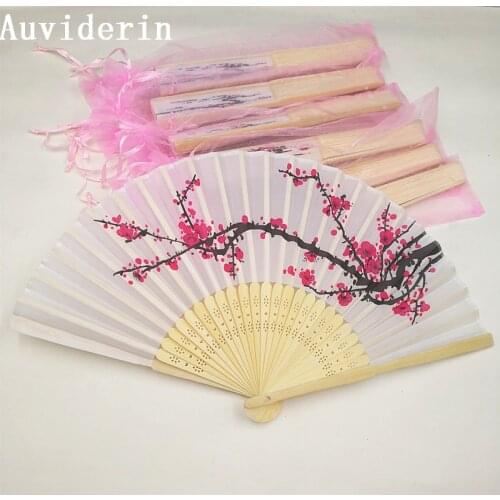 [Auviderin] 20pcs Wedding Fan Plum Blossom Flower Gift Hand Fan Wintersweet Cloth Fan in Organza Gift Bag