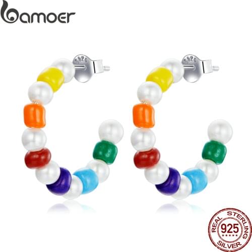 BAMOER Rainbow Shell Pearl Hoop Earrings Color 925 Sterling Silver Stud Earrings for Women Fashion Jewelry Accessories SCE1183