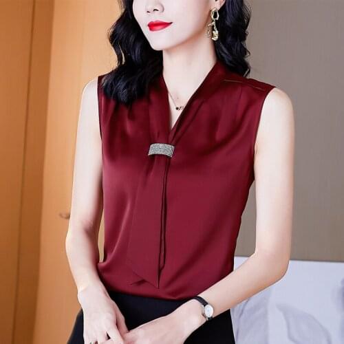 Summer Womens Shirt Chiffon Blouses for Women Satin Solid Shirt Sleeveless Red V-neck Blouse Top Female 2021 Woman Basic Shirts