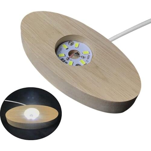 Wood Material LED Night Lamp Base Crystal Craft Glass Ellipse Shape Luminous Base Natural Wood Processing 3 Colors Light