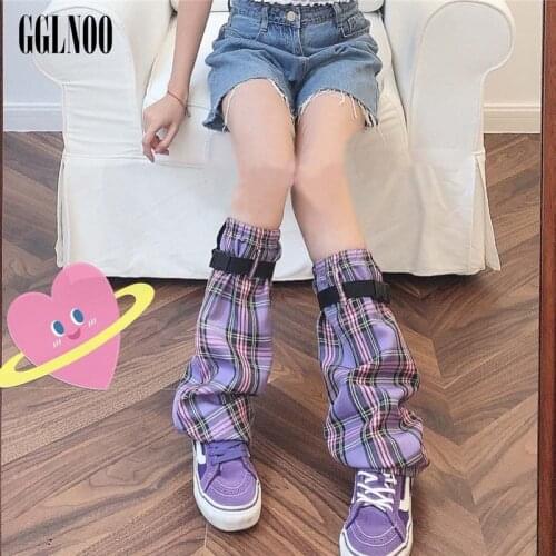 GGLNOO Japanese Harajuku Purple Plaid Rivet Metal Sweet Leg Covers Women Lolita Cute Leg Warmer Socks Streetwear