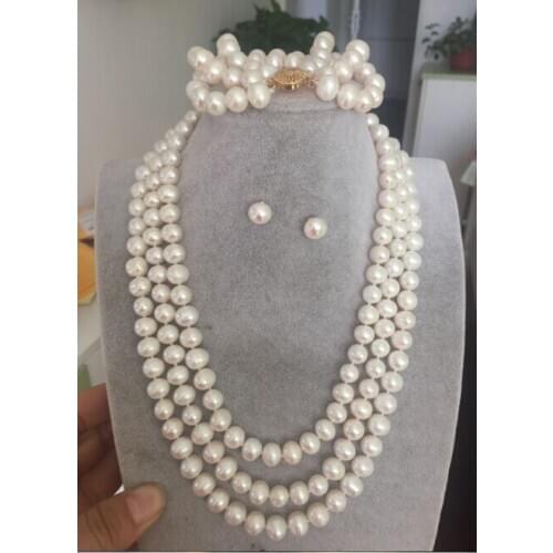 &triple strands 9-10mmAAA south sea white pearl necklace &earring &bracelet KKK