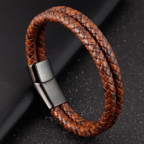 Perfect Design Double Layer Vintage Steel Buckle Geometric Braid 6mm Genuine Leather Bracelet Men Women Fashion Birthday Gift