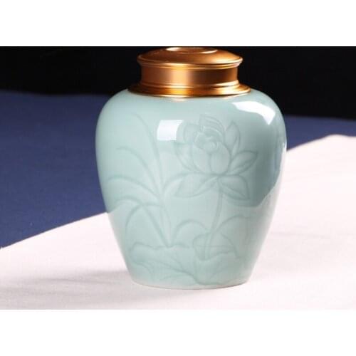 Chinese Longquan Celadon Tea Caddy Alloy Double Lid Large Moisture-proof Ceramic Sealed Pot Half Catty Tea Caddy Holiday Gift