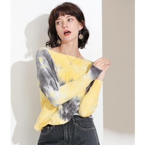 Contrast Pullovers Jumpers Women Tie-Dyed Sweater Thin Comfy Slash neck Split Knitwear Soft Print Casual Tops Fall 20％wool
