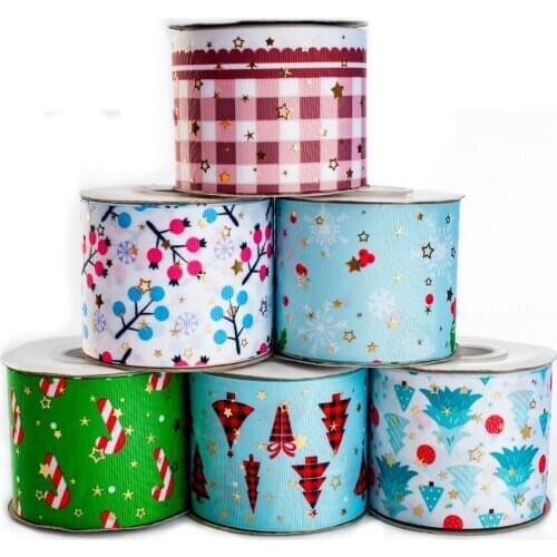 New Christmas 50 Yards 75mm 3''inch Beautiful Star Pattern Gold Foil Printed Grosgrain Ribbon for Diy Hair Bow