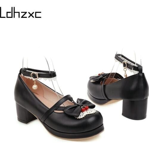 LDHZXC Sweet Bow Girl College Student Lolita Shoes Fashion Pu Leather Mary Janes Women Vintage Round Toe Med Heel Pumps