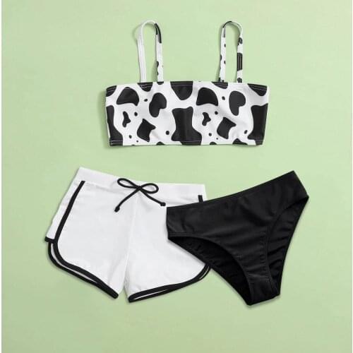 Girls' Summer Cute Criss Cross Back Cowl Floral Print Three-piece Beach Swimming Suit Swimsuit Bikini Set Купальник Для Девочки