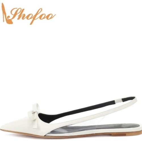 Sweet White PVC Butterfly-Knot Pointy Toe Slingbacks Sandals Woman Soft Leather Flat For Ladies Summer Footwear Dress Concise