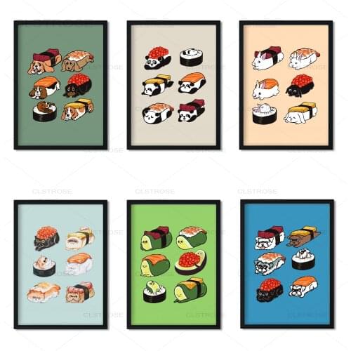 Cute Funny Japanese Sushi Cartoon Canvas Painting Wall Art Poster And Prints Restaurant Kitchen Home Decoration Modular Picture