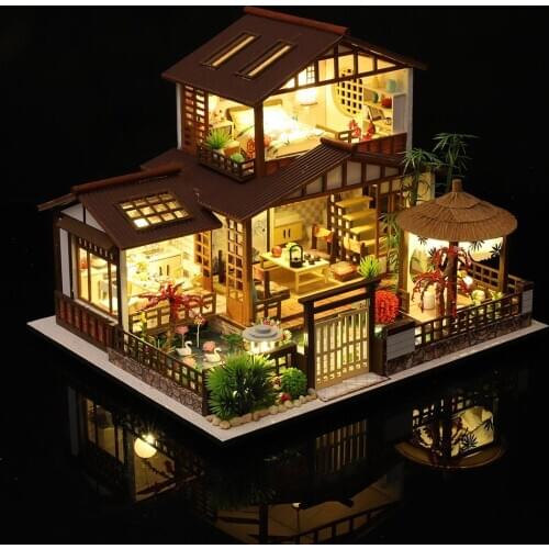 Miniature Dollhouse Kit DIY Handmade Chinese Style Wooden House With Furniture Music 9 LED Lights For Christmas Birthday Gift