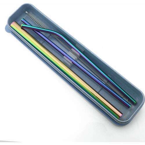 Metal Drinking Straw Set Stainless Steel Straw 1pc Cute Blue Box Case Packing 3pc Reusable Straws Cleaner Brush for Party Bar