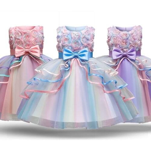Flower Princess Dress For Girls Kids Rainbow Colorful Tutu Vestidos Children Wedding Ceremony Pageant Bridesmaid Party Clothing