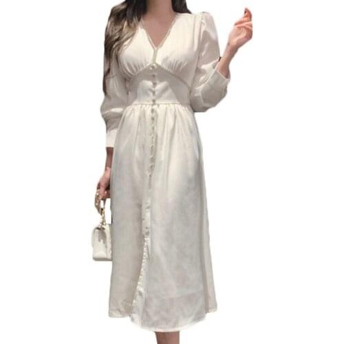 WSYORE Elegant V-neck Dress Spring and Autumn Women Slim Long-sleeve Single-breasted Mid-long Dress Female NS2779