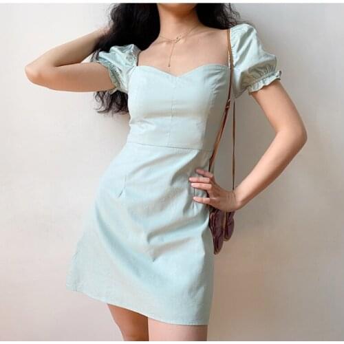 Dresses Women Short Puff Sleeve Off Shoulder A Line Mini Dress Summer Blue Green Dating Casual Bodycon Dress Square Collar