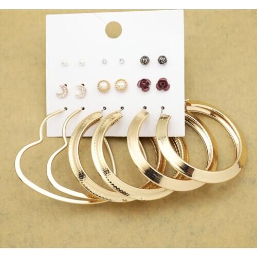 9 Pairs Hoop Earrings for Women Fashion Jewelry Large Heart Moon Flower Celebrity Pack Gold Ear Studs Hip Hop Big Round