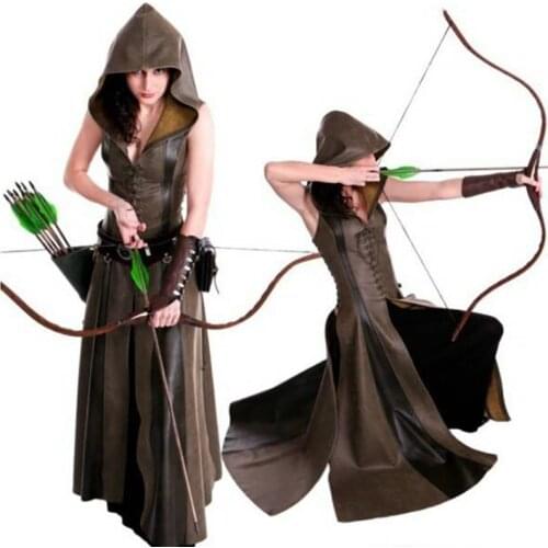 Medieval Larp Archer Ranger Elf Costume For Women Assassin Robin Cosplay Dress Leather Hooded Robe Maxi Cloak Halloween For Girl