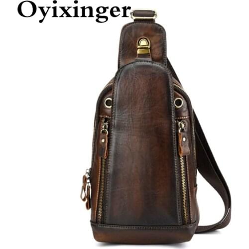OYIXINGER Retro Crossbody Bag Mens Distressed Vintage Bag Genuine Leather Chest Bags For Men Leisure Hand Rubbing Bags For Male