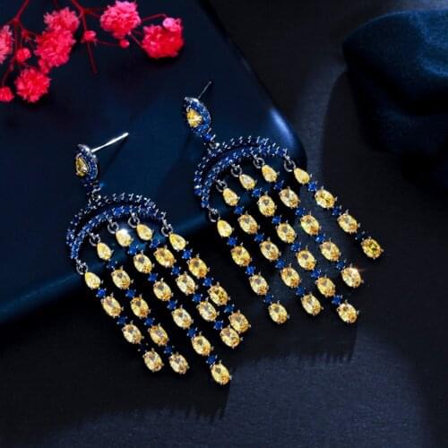 ThreeGraces Retro Yellow Cubic Zirconia Bridal Wedding Long Hanging Dangle Tassel Earrings Women Boho Prom Costume Jewelry ER665